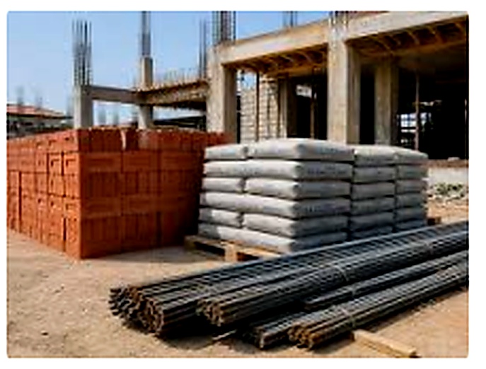 Building materials and cement bags stacked on site