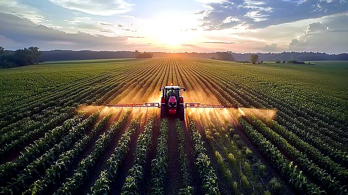 Tractor working across crop rows at sunset